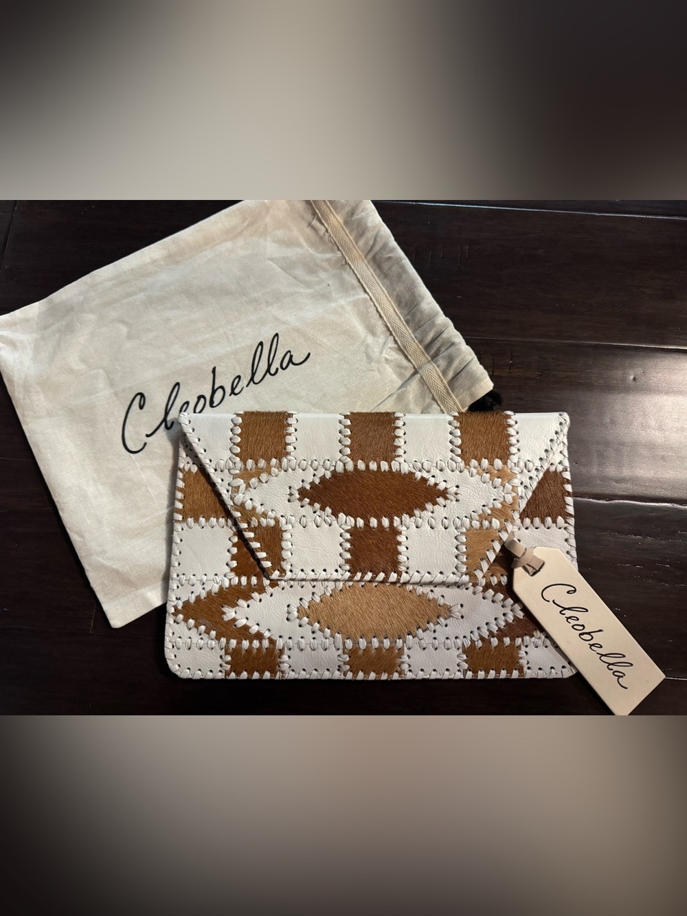 Cleobella Brown and White Woven Envelope Clutch with Geometric Stitching